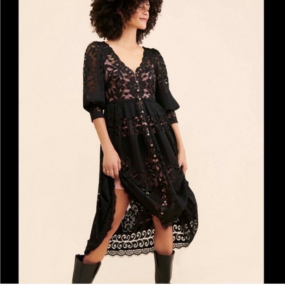 Free People Black Lace Overlay Long Sleeve Midi Dress